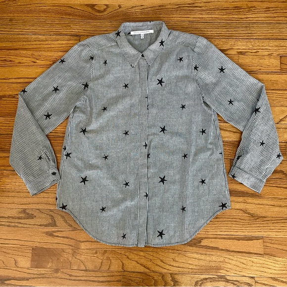 Collective Concepts Black Stripe Seersucker Stars Ruffle Button Down Shirt M - Picture 4 of 9